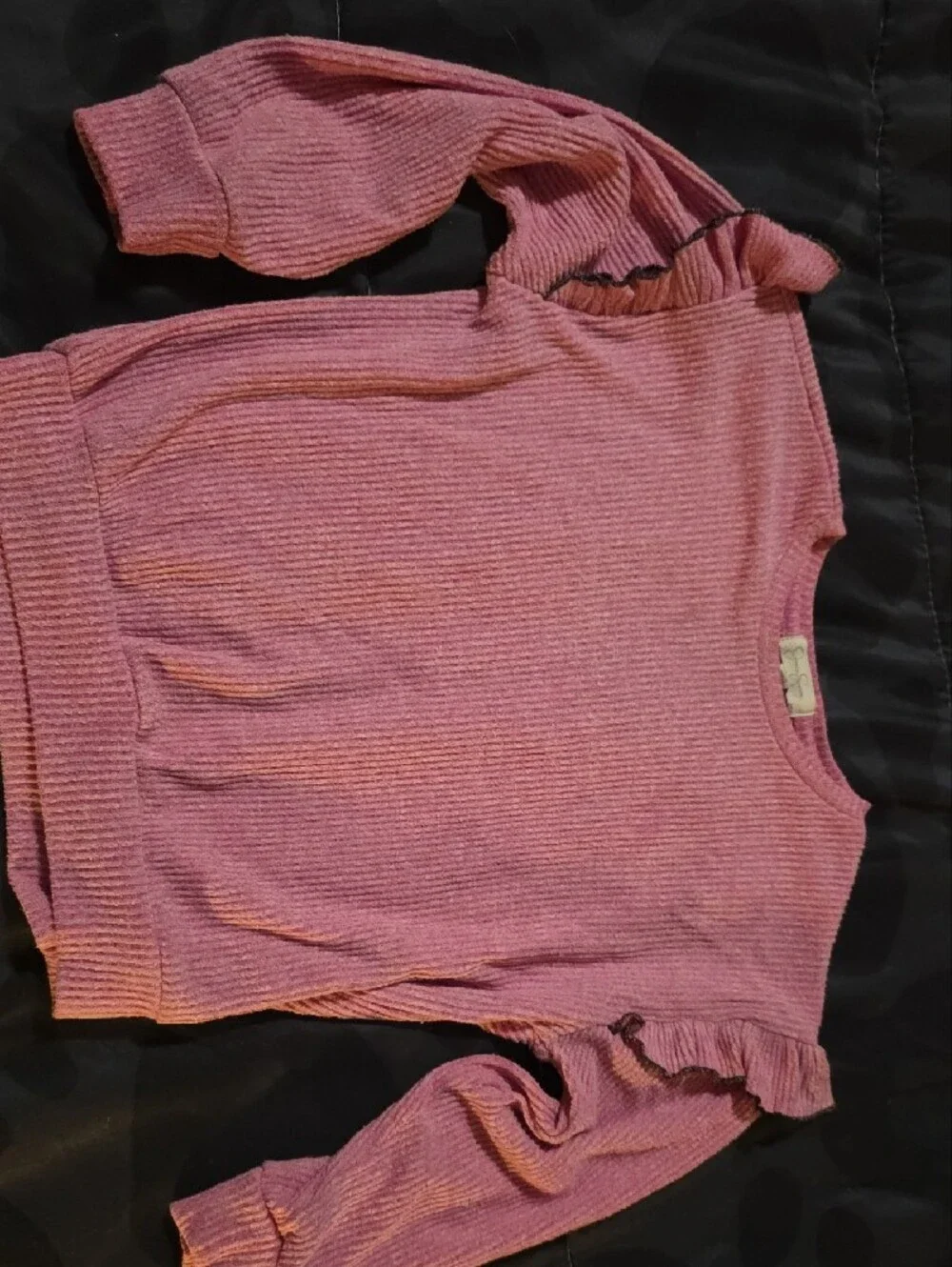Jessica Simpson Pink Ribbed Long-Sleeve Top with Ruffle Shoulder